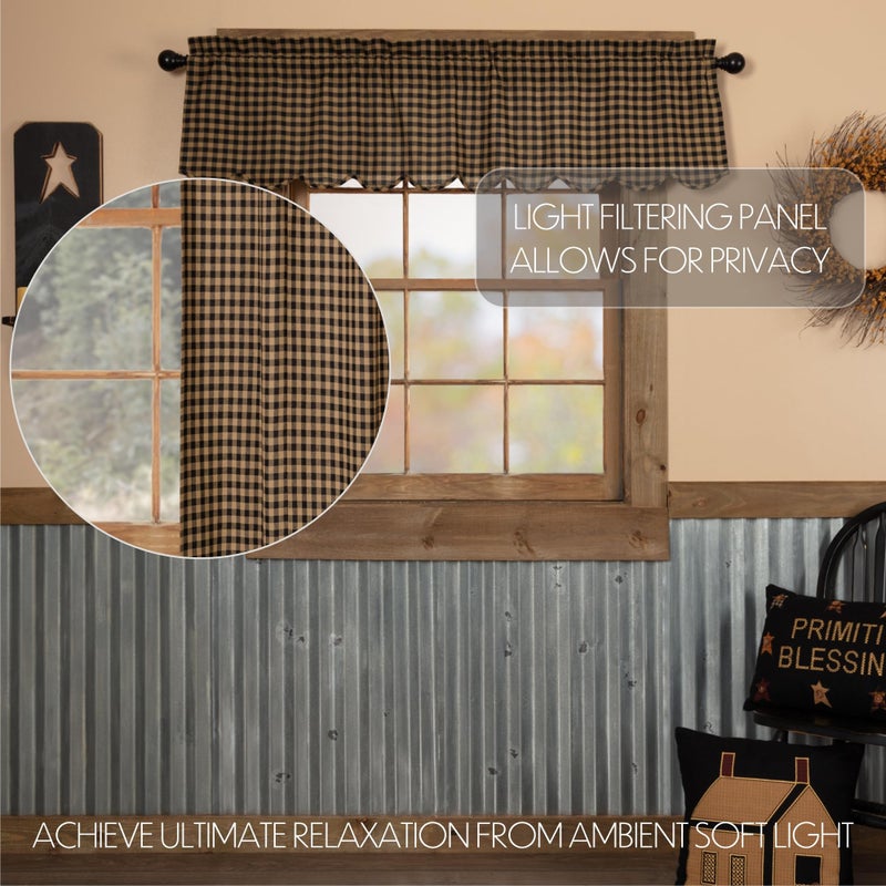VHC Brands Black Check Scalloped Valance 16x60 Country Curtain, Black and Tan - Image 3